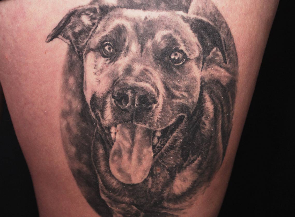 black and grey dog portrait tattoo