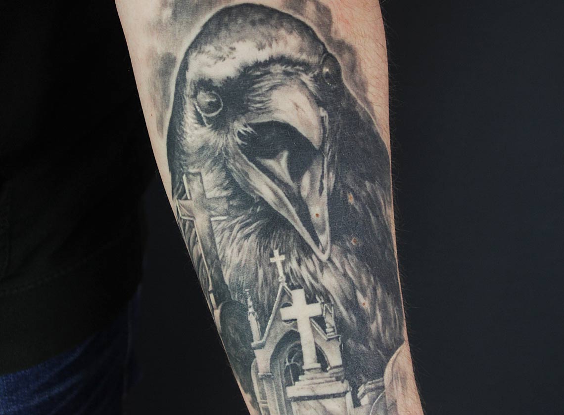 realistic raven head tattoo graveyard