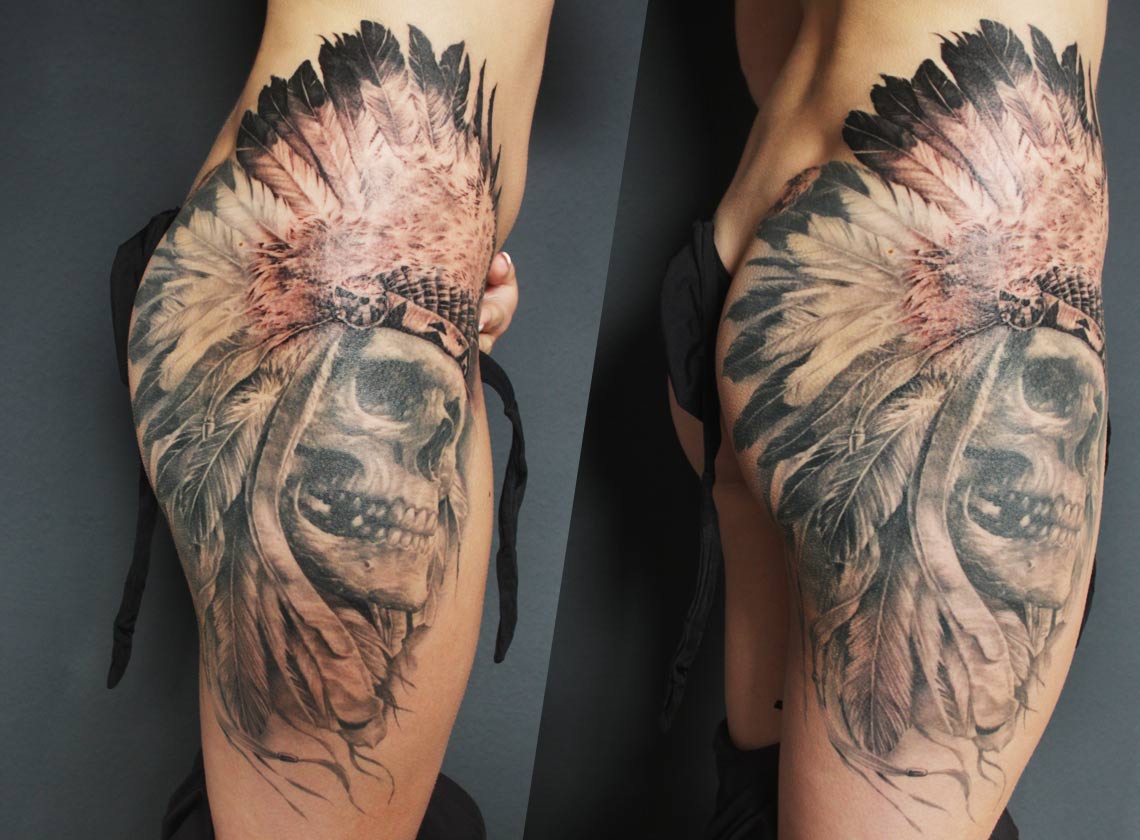 Large leg Tattoo Native American Chief Skull Feathers
