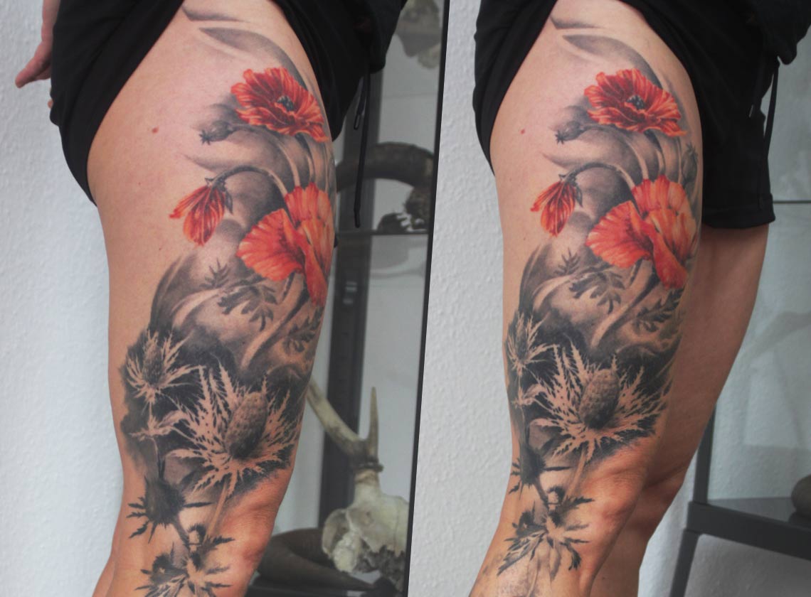 disteln und mohn poppy seed leg tattoo